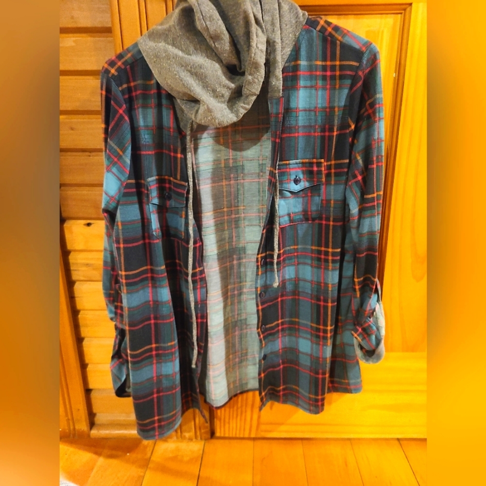 Womens button up shirt with hood